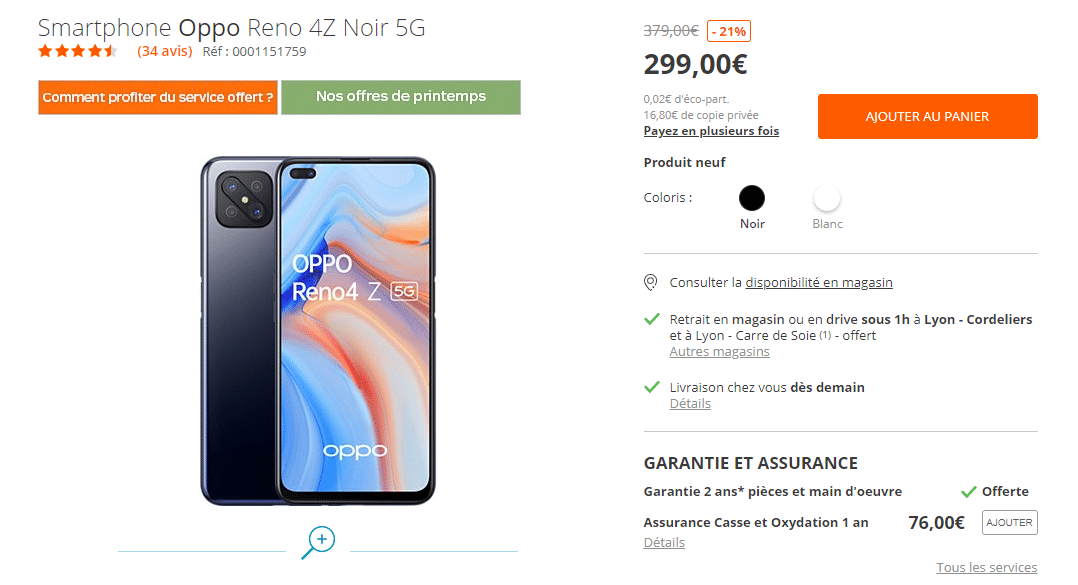 Oppo Reno 4Z Noir 5G promo boulanger